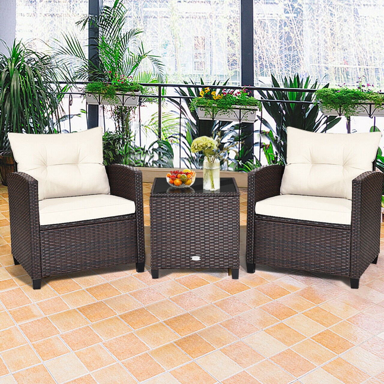 Gymax 3PCS Outdoor Patio Rattan Conversation Set Garden Yard w